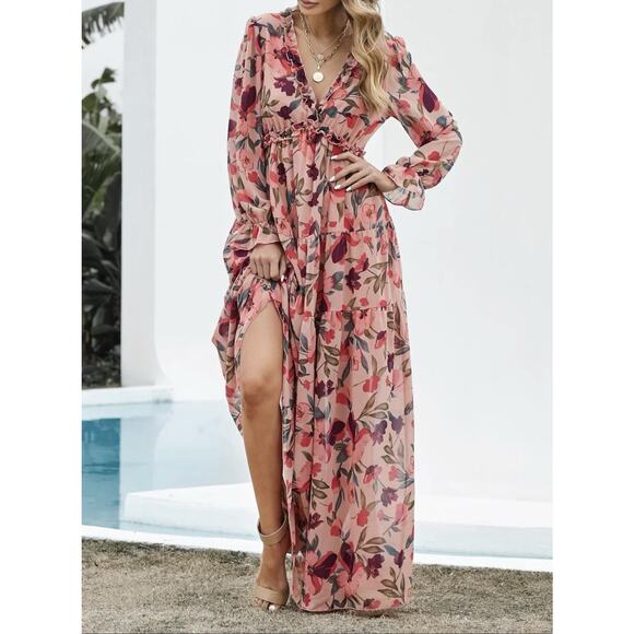 Unbranded Dresses & Skirts - Romantic Floral Tiered Ruffle Ethereal Whimsical Extra Long Maxi Dress